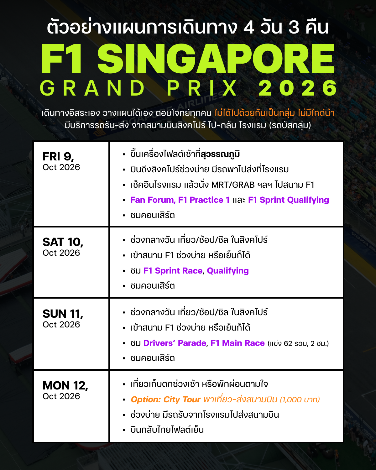 ตัวอย่างแผนการเดินทาง F1 Singapore สิงคโปร์ ตารางแข่ง กำหนดการ